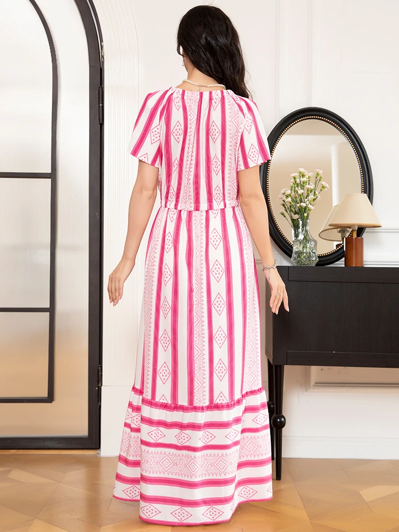 Style de vacances col rond géométrie abstraite manches Raglan robes longues robes roses