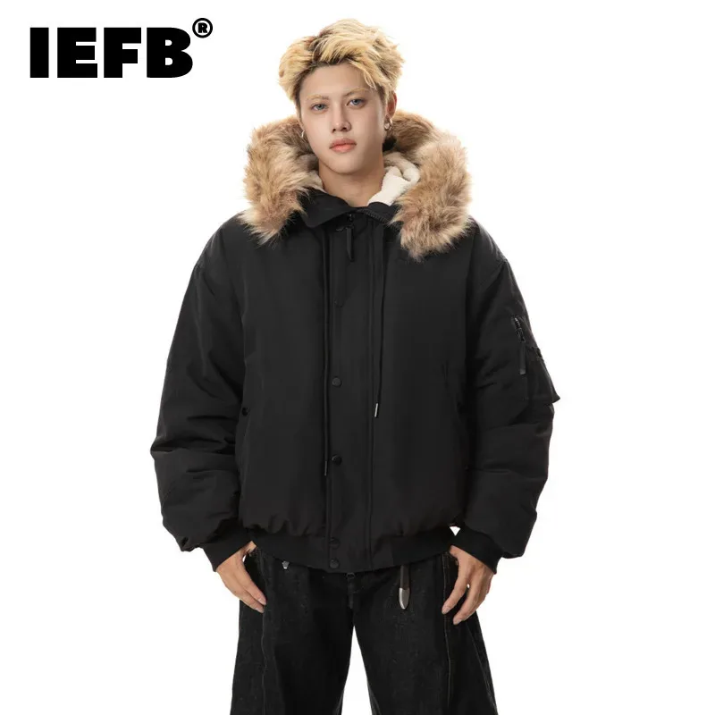 IEFB Male Fashion Tide White Down Jacket Warm Putwear Fur Collar Design American Style Male Trendy Coat 2024 Winter 9C9110