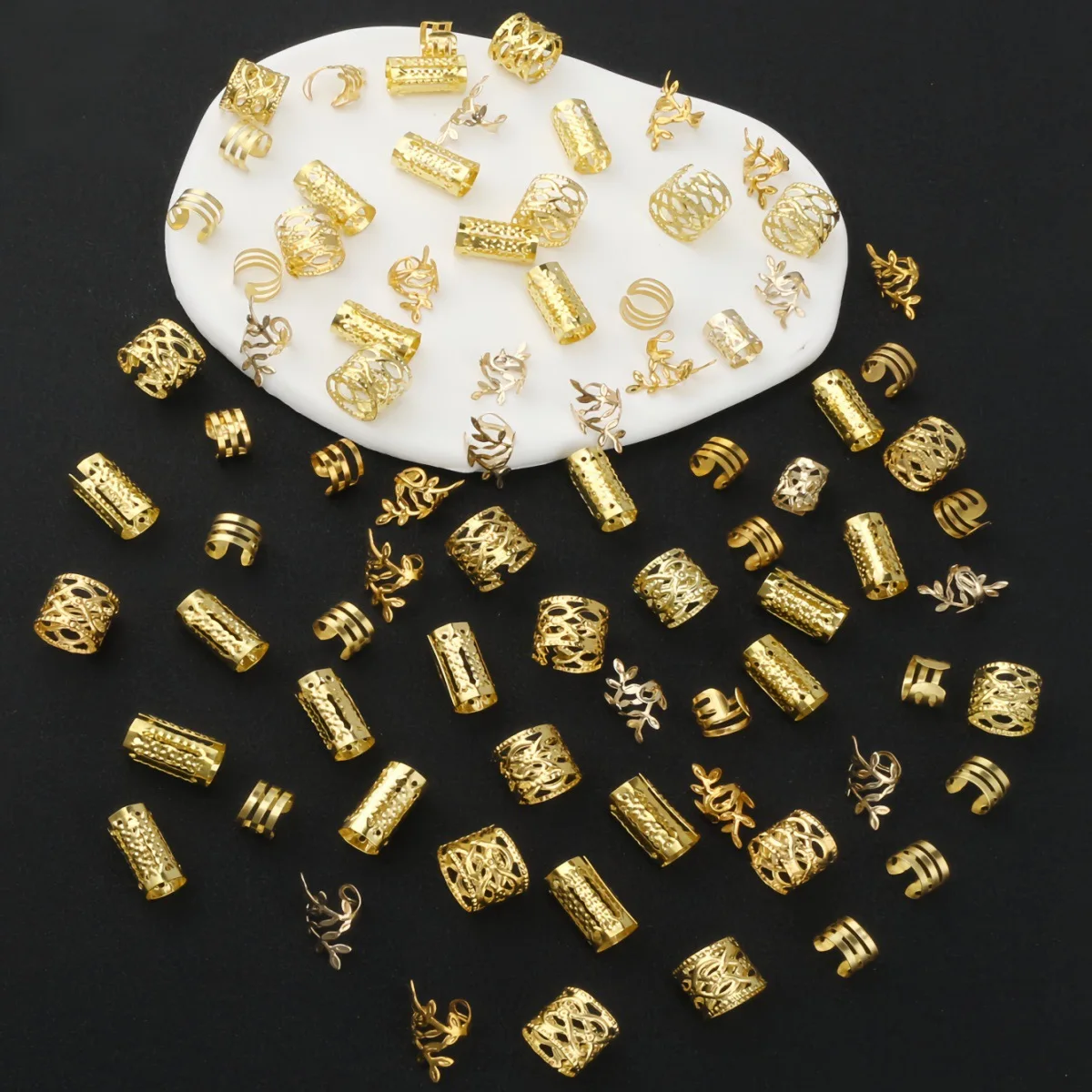 40개/봉지 골든 올리브 가지 모양 속이 빈 드레드락 가발 헤어 링 세트 - DIY 가발 드레드 브레이딩 헤어 액세서리 부품