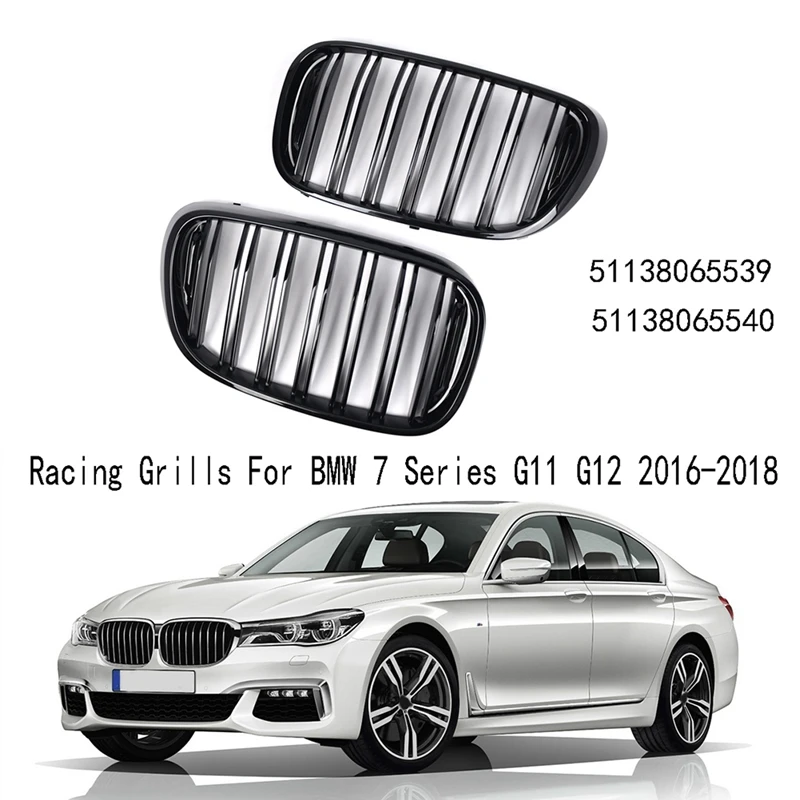 Glossy Black Dual Slats Front Kidney Grille Grill Accessories For BMW 7 Series G11 G12 2016-2018