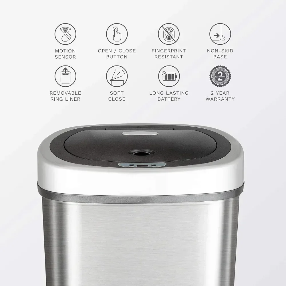 Lixeira automática com sensor de movimento infravermelho sem toque, 13 galão 50L, base de aço inoxidável (oval, tampa prateada/preta) materiais de qualidade