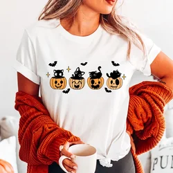 Czarny kot na dyniowej koszulce zabawna impreza z okazji Halloween Tshirt Camiseta śliczne futro Mama sezon jesienny prezent świąteczny koszulki topy