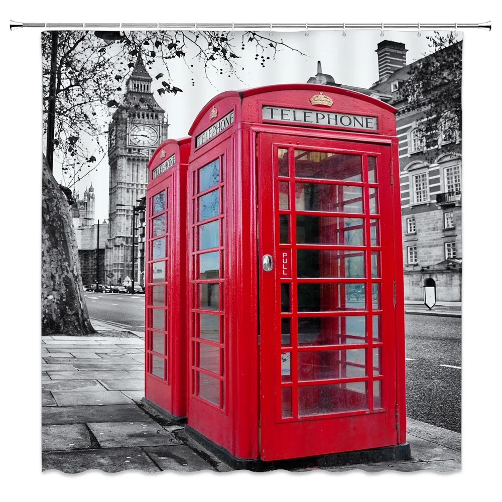 Retro London Telephone Booth Bathroom Shower Curtain Big Ben Red Scenery Waterproof Polyester Fabric for Art Bathtub Home Decor