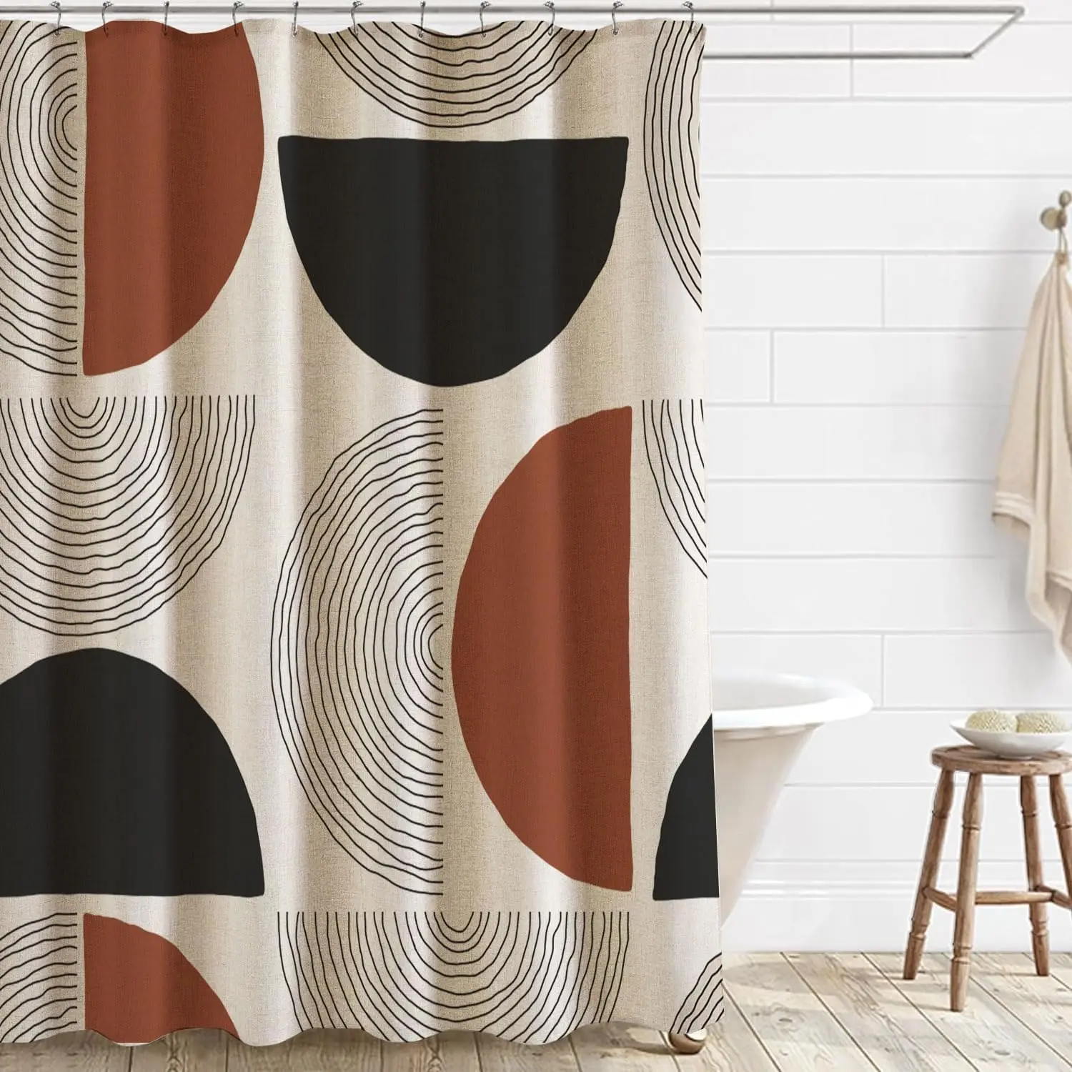 

Boho Minimalistic Linen Shower Curtain Abstract Geometric Shapes Lines Fabri