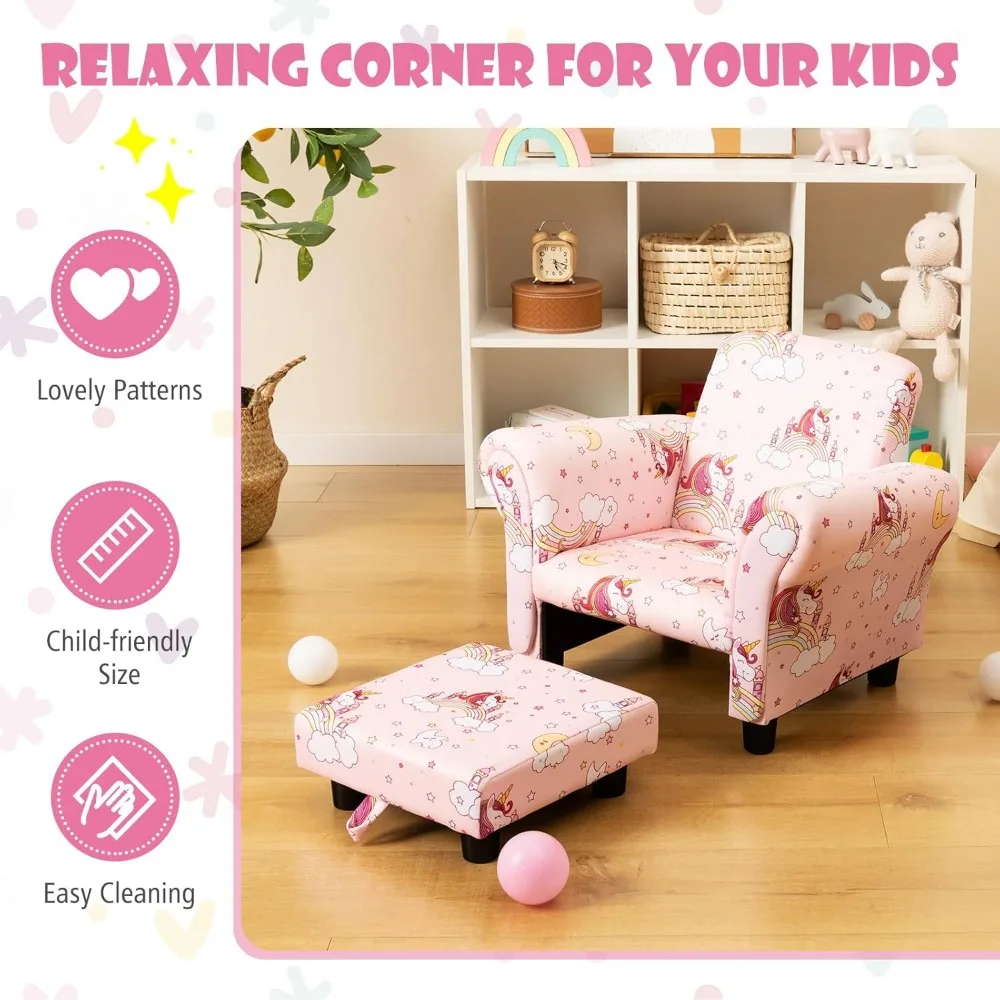 Kids Couch with Footstool, Upholstered Children's Sofa Chair for Play Room, Nursery, Kindergarten, Kids Room,for 0-5 Years Old