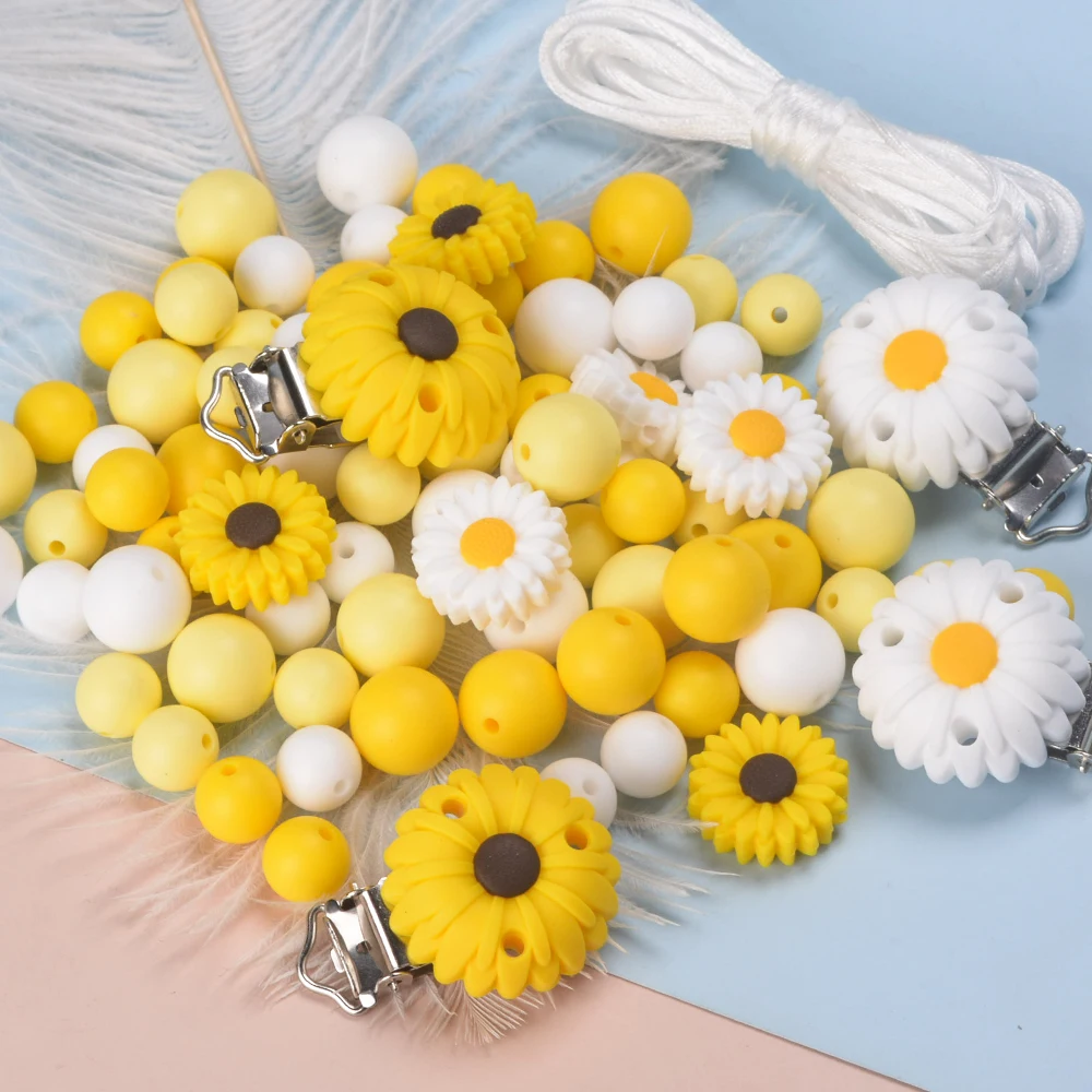 LOFCA 35pcs Silicone Beads Silicone Daisy Flower Pacifier Clip Set Teething Soother Holder Baby Feeding Accessories Tools