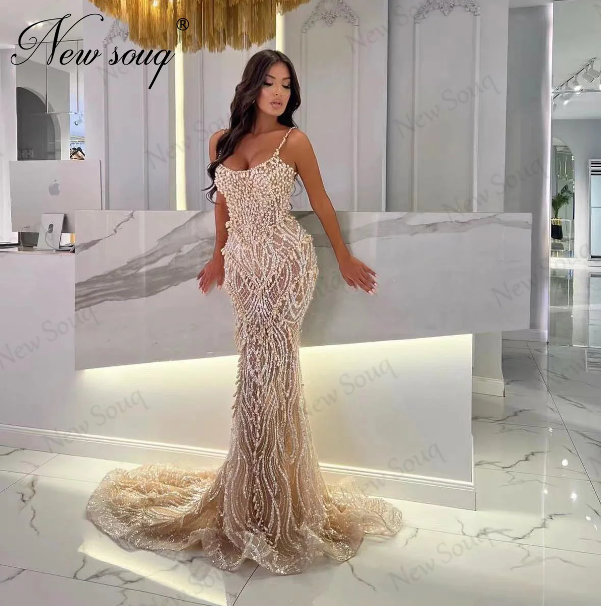 Spaghetti Straps White Crystals Evening Gowns For Weddings Vestido De Noche Birthday Engagement Dress Dubai Beaded Party Dresses