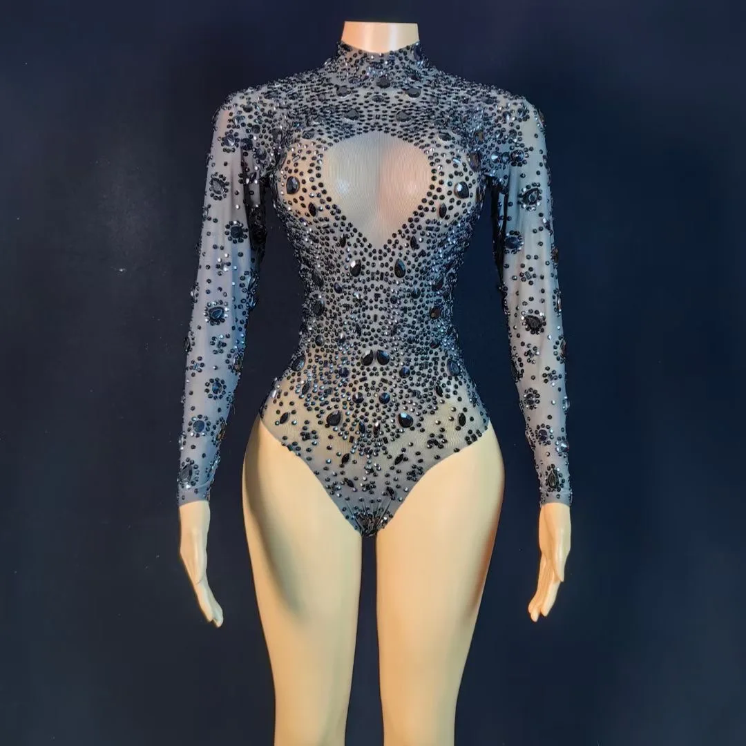 

Women Sexy Long Sleeve Tulle Elastic Bodysuit Bar Female Singer Dancer Black Diamond Birthday Party Stage Performance Costume