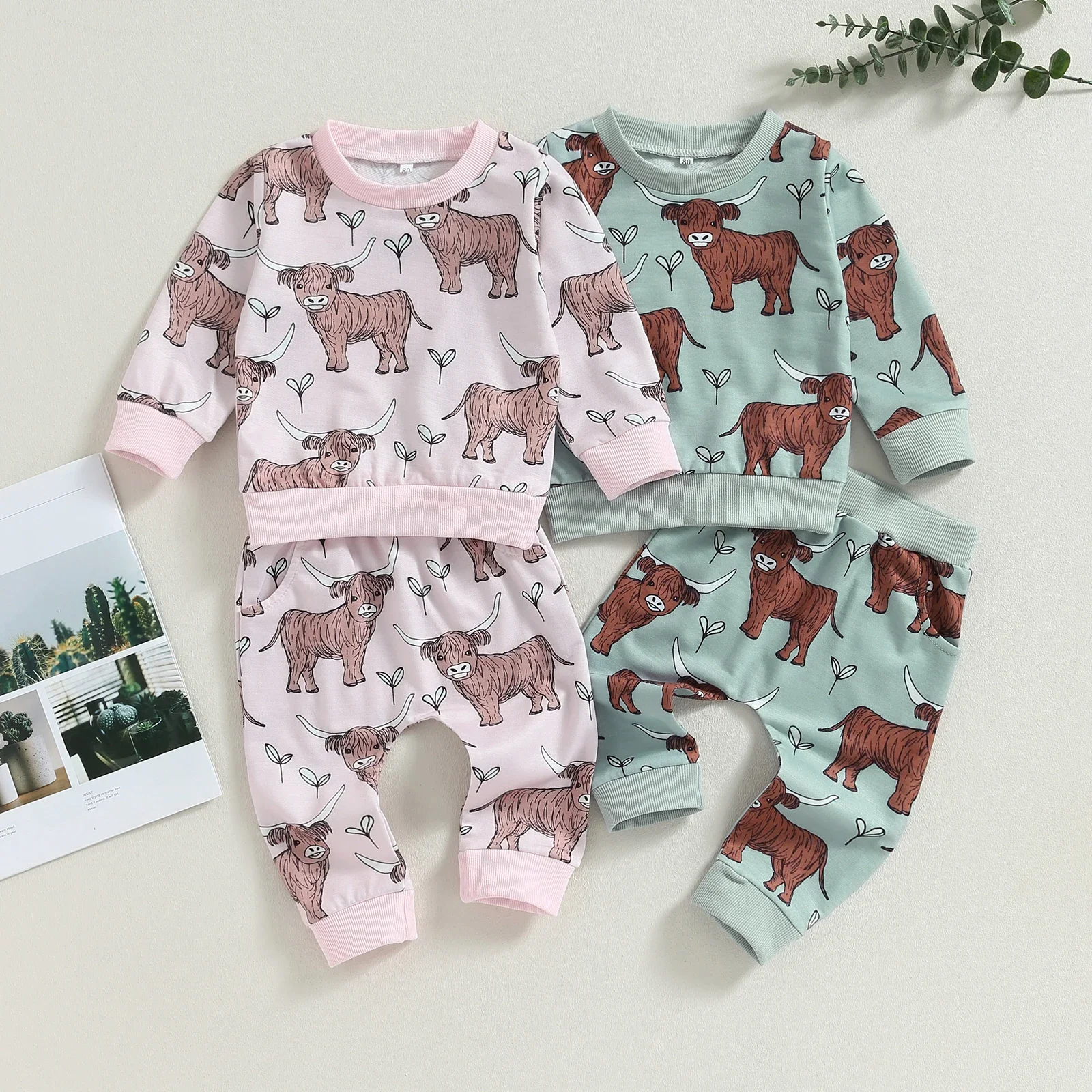 Toddler Baby Girls Western Clothes Set Cow Print Long Sleeve Sweatshirt Casual Pants Set Cute 2 Piece Fall Winter Outfit Set