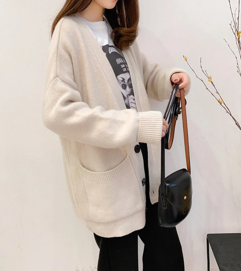 Women Spring  Cardigan With Pockets  Clothing Soft and Comfortable Coat Knitted V-Neck Long Cardigan Female Sweater Jacket