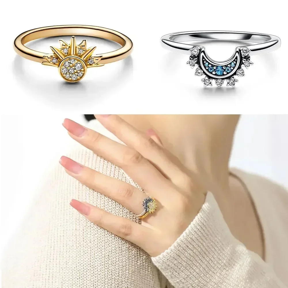 2pcs/set Sparkling Ring Riyue Suitable Ring for Women To Wear Fashion Female Sun Moon Star Simple Two-piece Ring Set