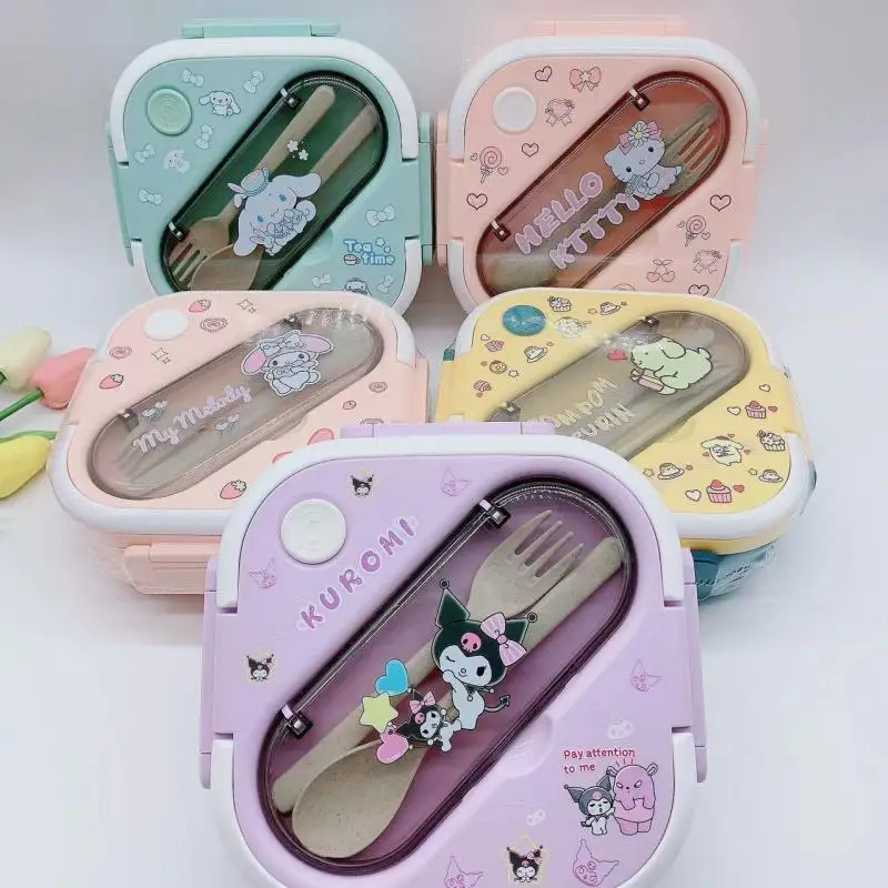 Sanrios Hellokittys Lunch-Box Set Kuromi My Melody Cinnamoroll Anime Sweet Bento Box Cartoon 1300Ml Dinner Pail Cute Tableware