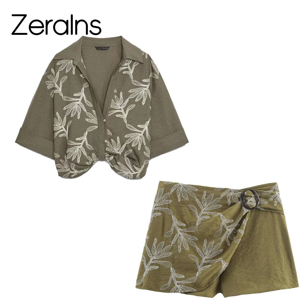 ZERAINS Collar rolled edge short sleeved embroidered shirt with buckle embroidery double breasted high waisted skirt pants set