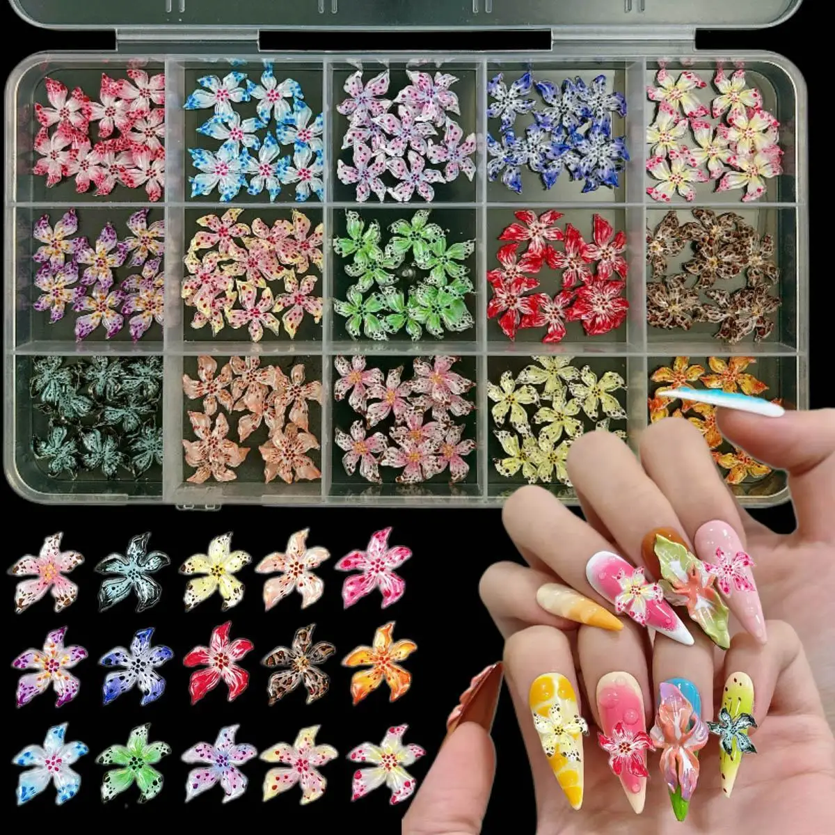 1 scatola colorata creativa mulino a vento fiore carino ape resina nail art charms fiori trasparenti mini farfalla decorazioni per unghie fai da te