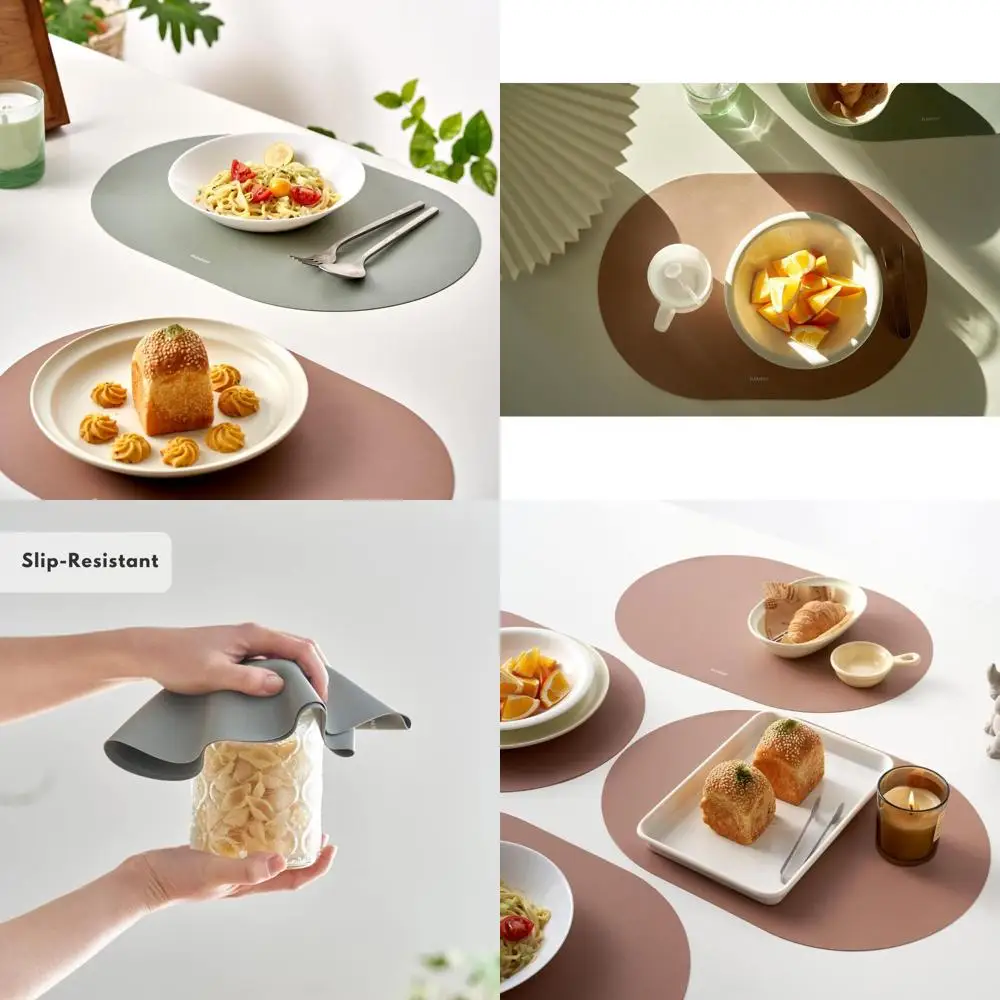 

Set of 6 Oval Silicone Placemats - Heatproof, Waterproof, Non-Slip, Easy Clean, Modern Dining Mats with Premium Leather Texture,