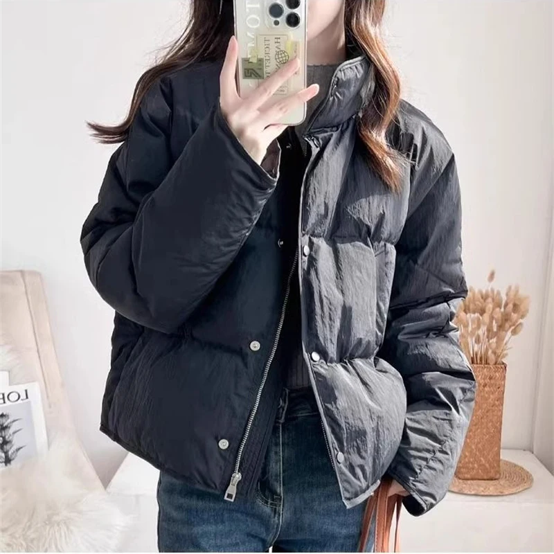 2024 Winter Puffer Woman Jacket Sweet Warm Loose Stand Collar Zipper Pockets Straight Thick Padded Coat Female Fashion Outwer