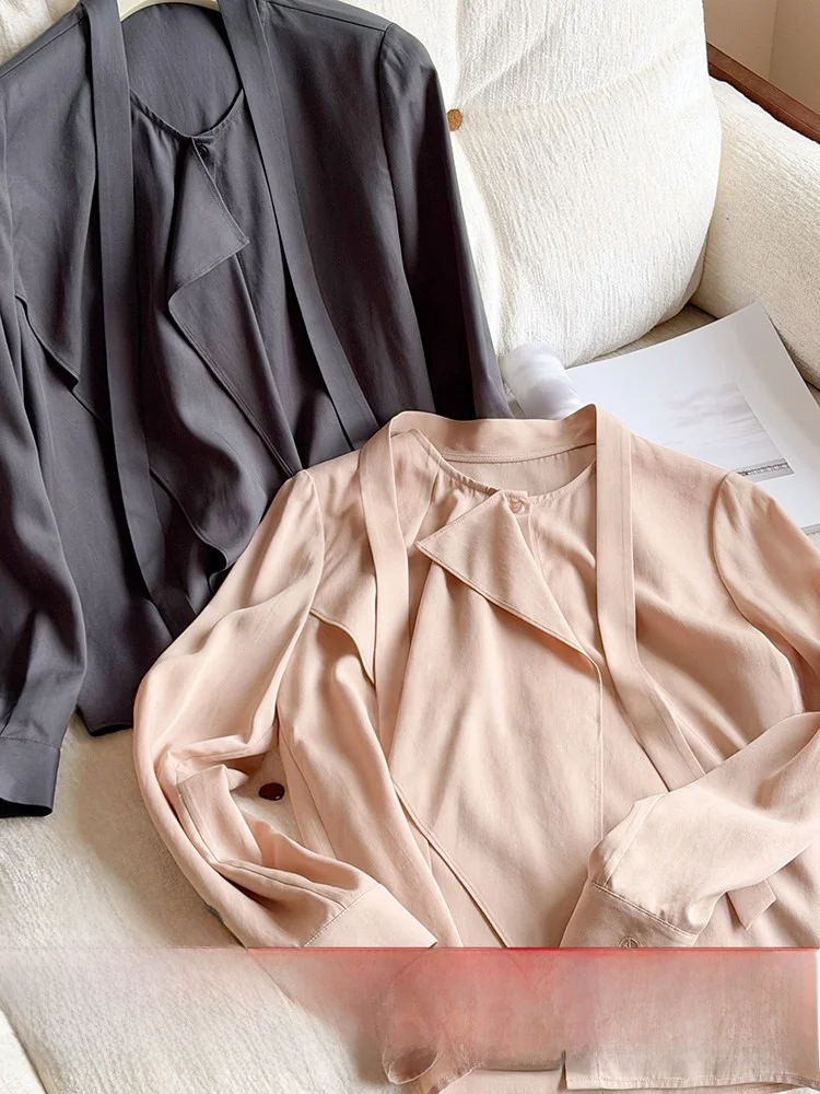 

Loose round Neck Shirt Women's Spring Casual Style 100 Days Silk Asymmetrical Lace Trim Blouse Comfortable Breathable Top