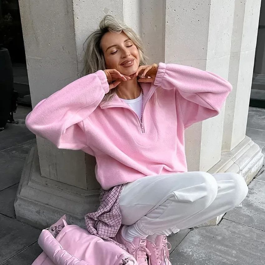 Fashion Fleece Lapel Polo Collar Pullover Women Autmn Winter Casual Pink Loose Zippers Long Sleeve Tops Sweatshirt Outwear Lady