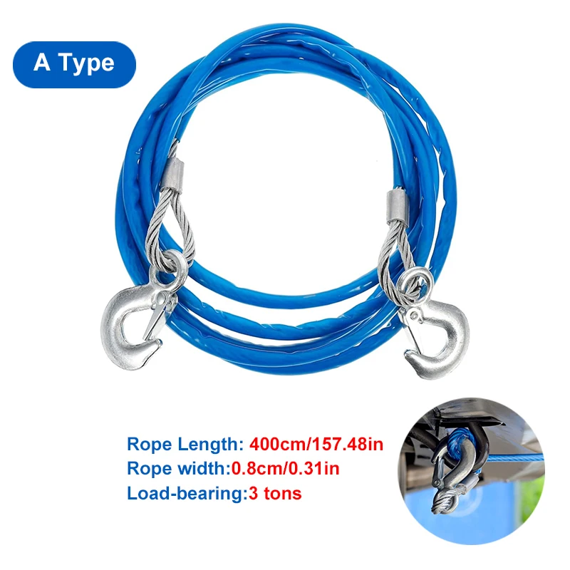 Heavy duty towing rope with hook, rope with PVC sleeve, suitable for towing trucks, tow trucks, cranes, load capacity 3/5/7 tons