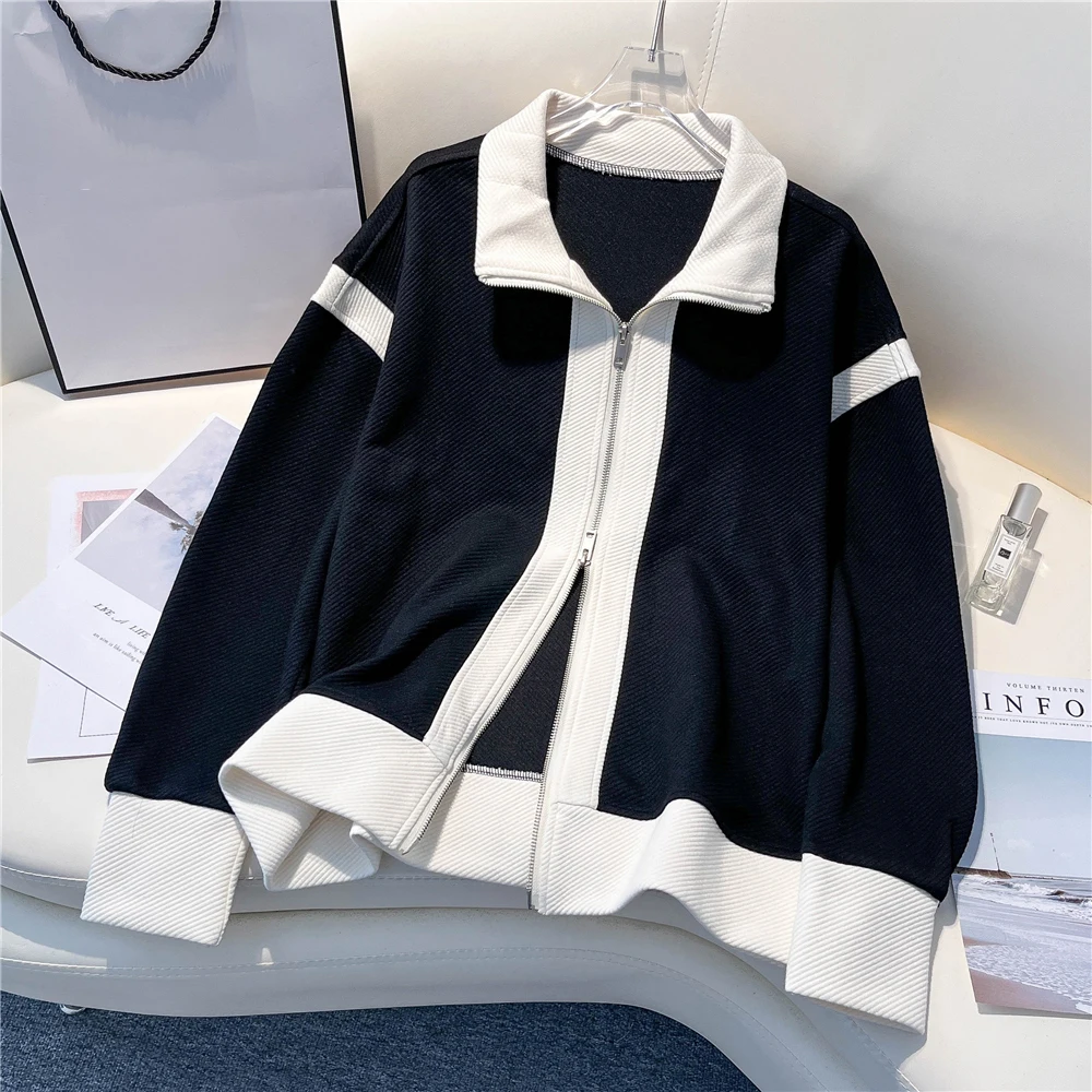 

Women Long Sleeve Loose Coats Patchwork Turn-Down Collar Zipper Casual Jackets 2023 Autumn Trendy Female Commute Outerwear