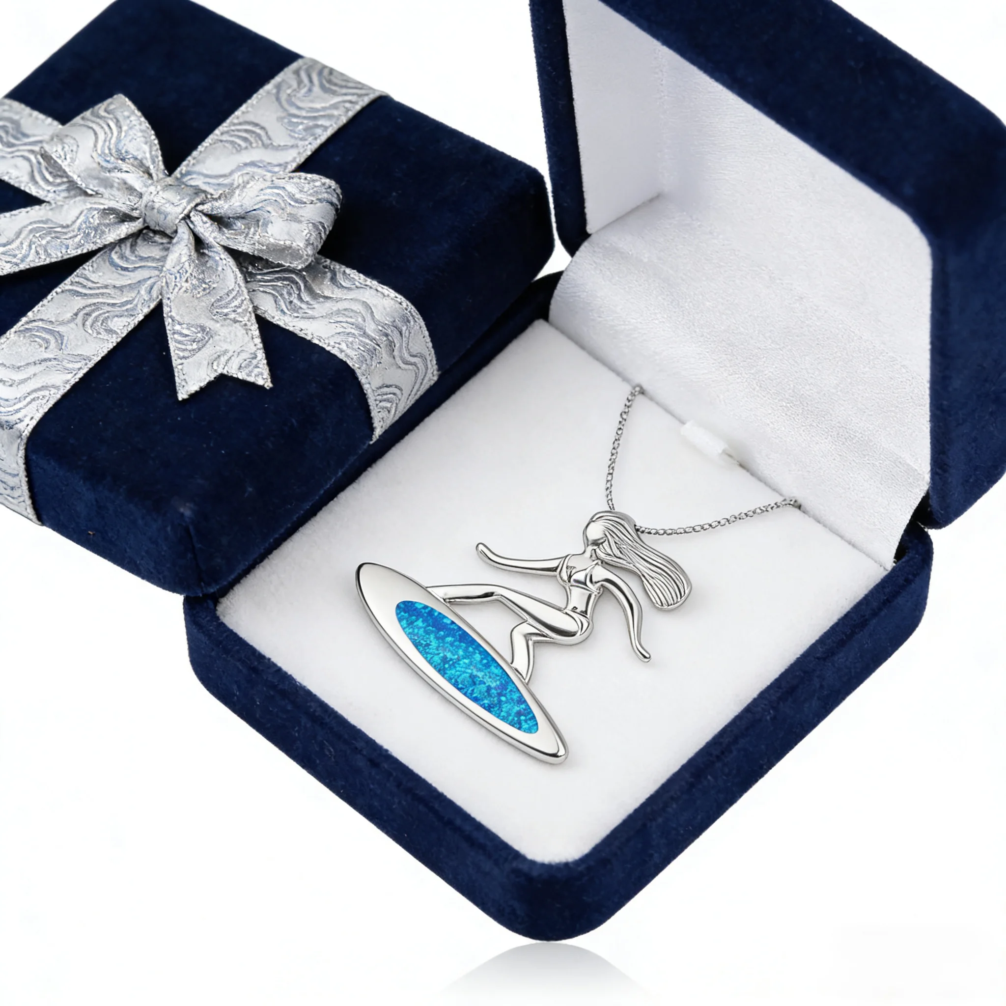 قلادة سيرفر للنساء، قلادة فضية ديناميكية مع أوبال صناعية زرقاء، هدية مجوهرات ركوب الأمواج بسيطة لمحبي الشاطئ