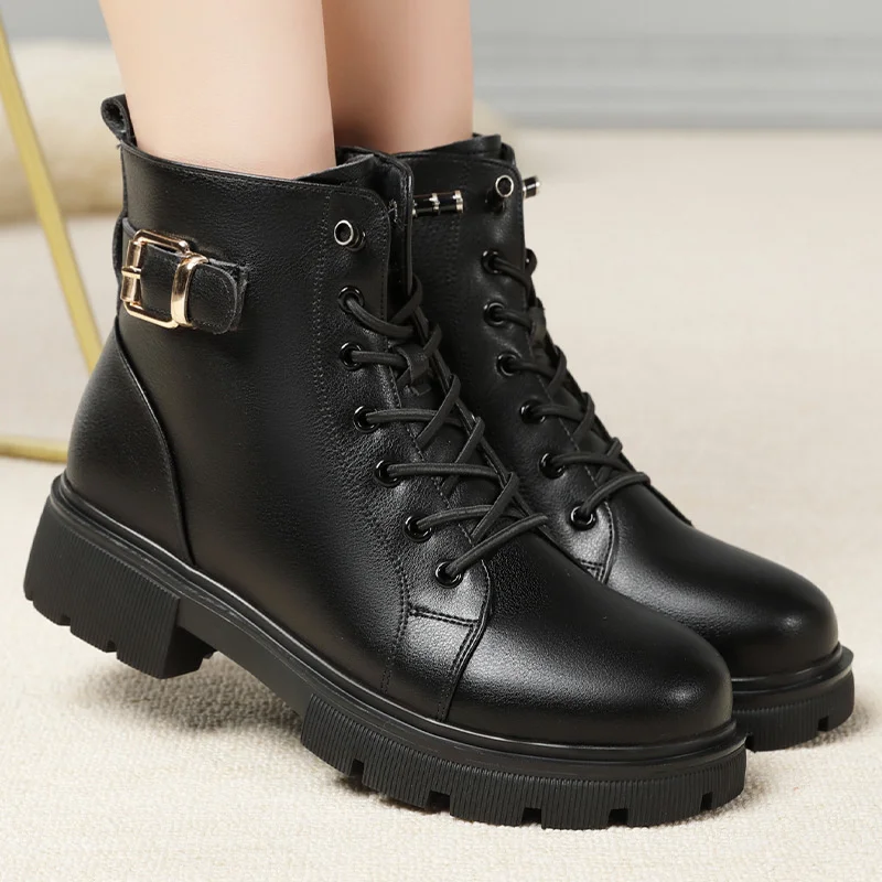 Winter Women's Velvet Anti-slip Platform Boots Round Toe Lace Up Chunky Heeled Zipper Ankle Leather Snow Boots