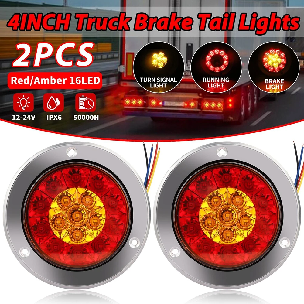 2Pcs 12V 24V Round LED Red Yellow Tail Lamp Brake Rear Bumper Turn Signal Fog Running Light For Trailer Truck RV