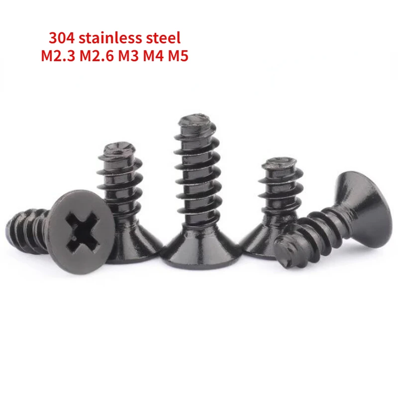 

100/200pcs M2.3 M2.6 M3 M4 M5 Black 304 Stainless Steel KB Cross Countersunk Head Flat Tail Self Tapping Screw