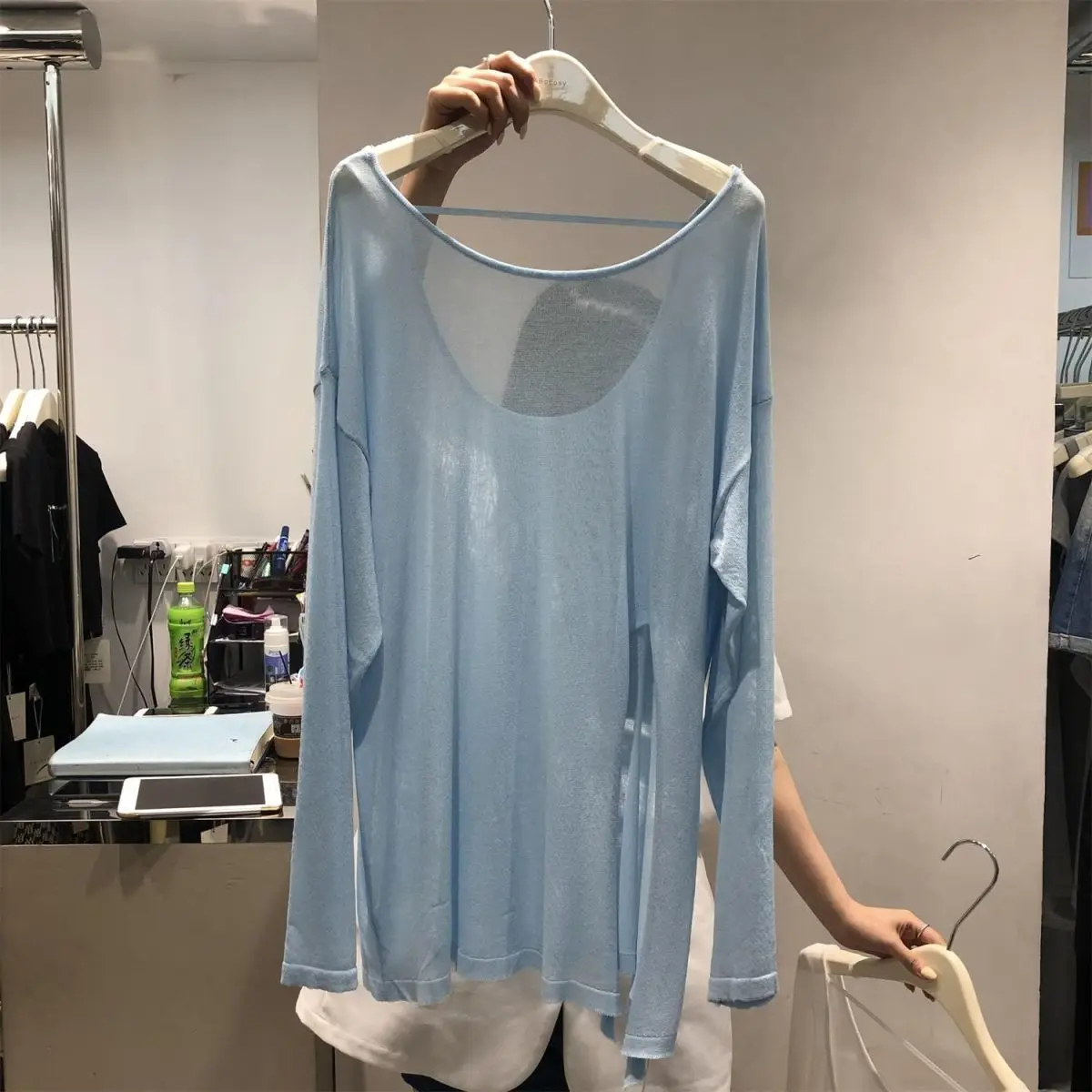 Summer T-shirt Loose Large Size Is Thin Round Neck Open Back Thin Section Slightly Transparent Slit Long-sleeved T-shirt