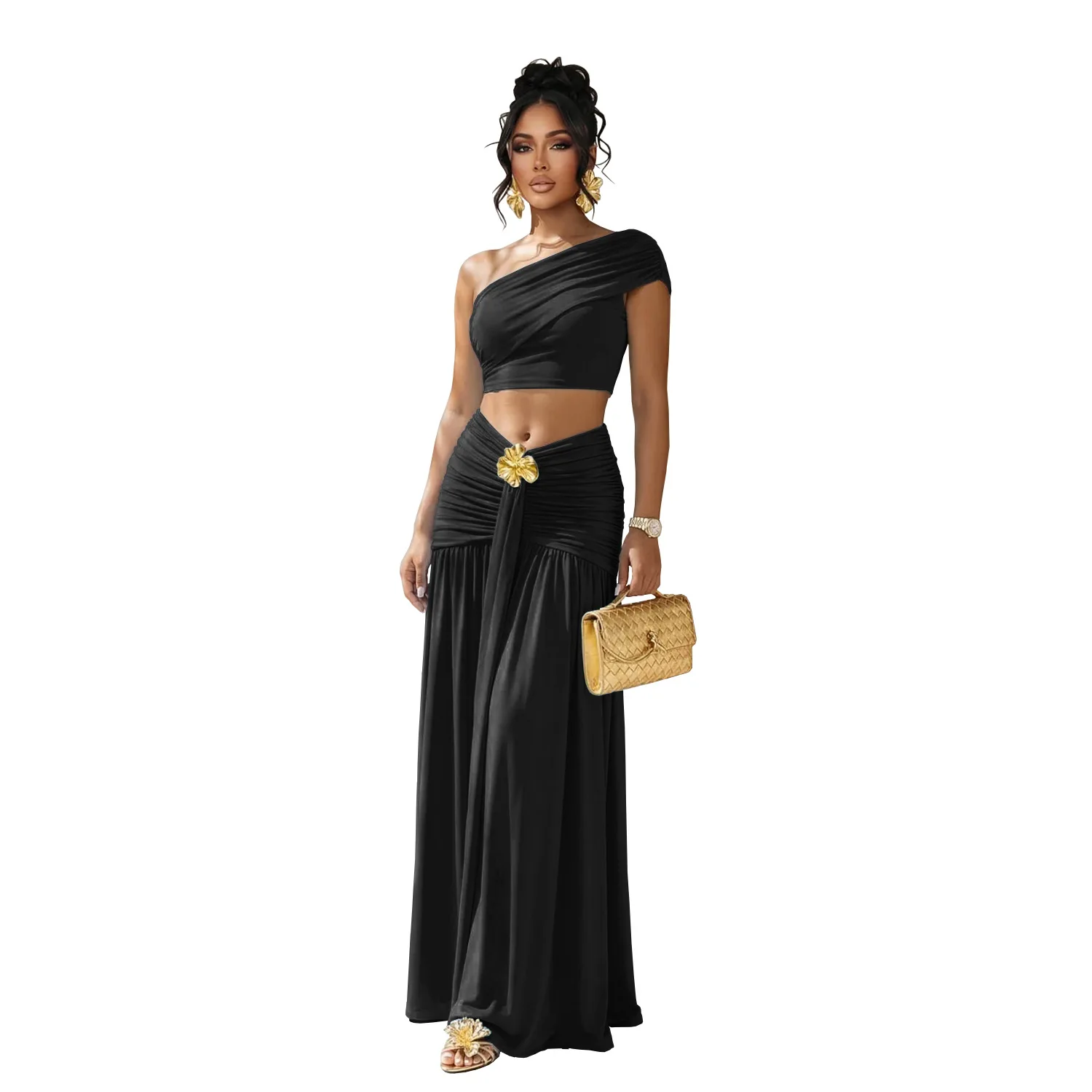 EINY Ruched Elegant Party Dress Sets Women 2 Piece Set Outfit Holiday One Shoulder Crop Top & Long Skirt Matching Sets Club Y2K