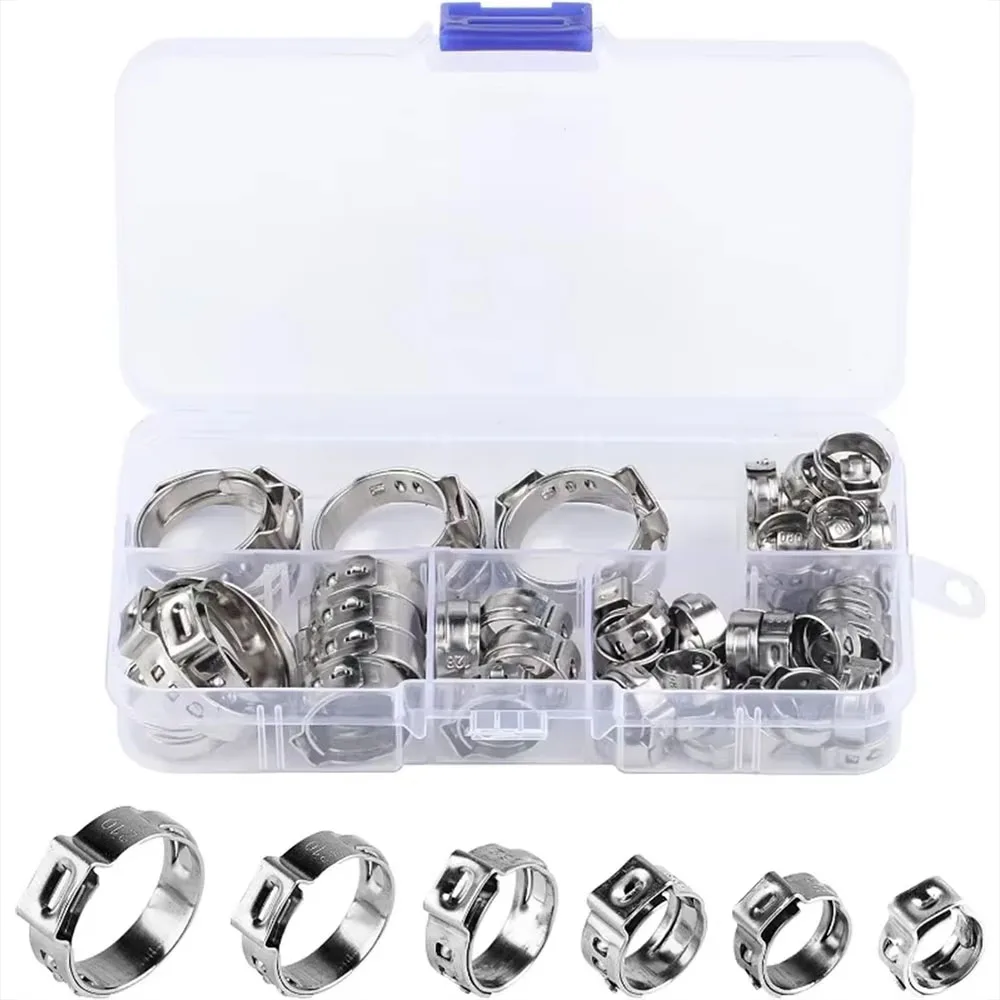 60PCS 6.8-25.6mm 304 Stainless Steel Single Ear Hose Clamp Stepless Cinch Clamp Rings Kit for Plumbing Pipe Fitting Connection