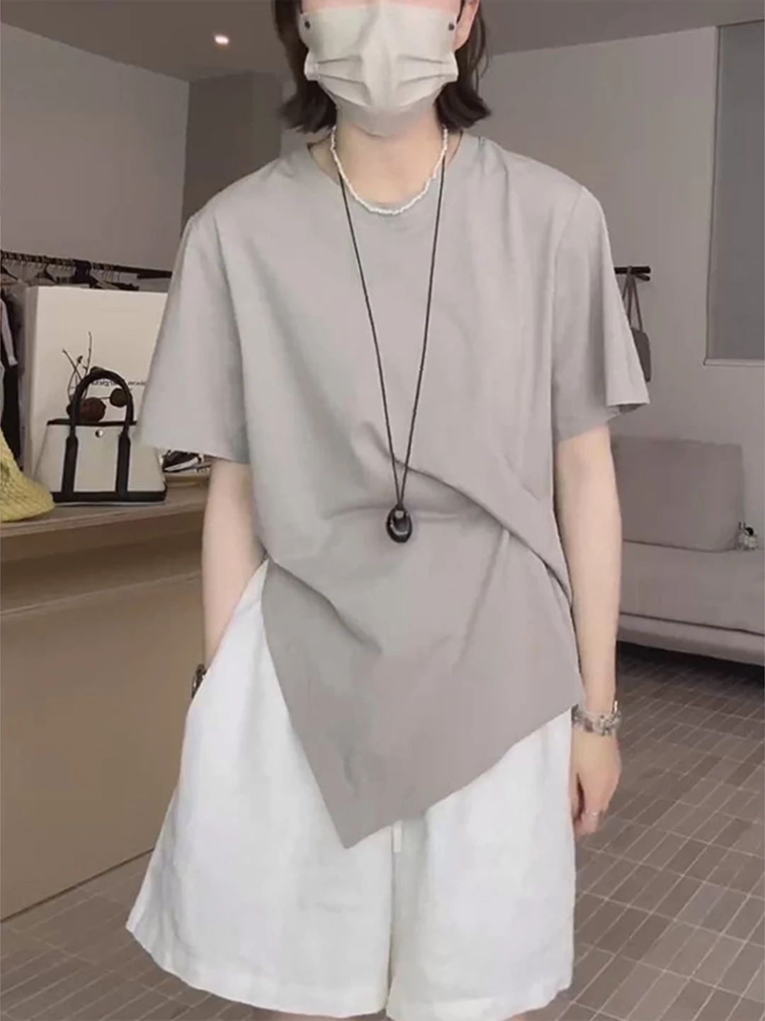 Loose Korean Style Cotton T-Shirt Women's Summer plus Size Slimming Casual round Neck Short Sleeve Irregular Top