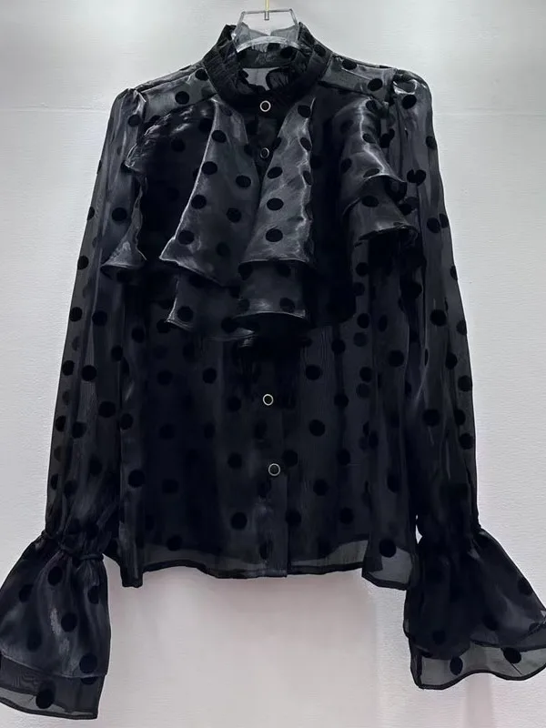 

Bla Polka Dot Print Chiffon irt Women Loose Pleated Design Meat Covering Long Sve Ele Top Korean Sle Commute Wind