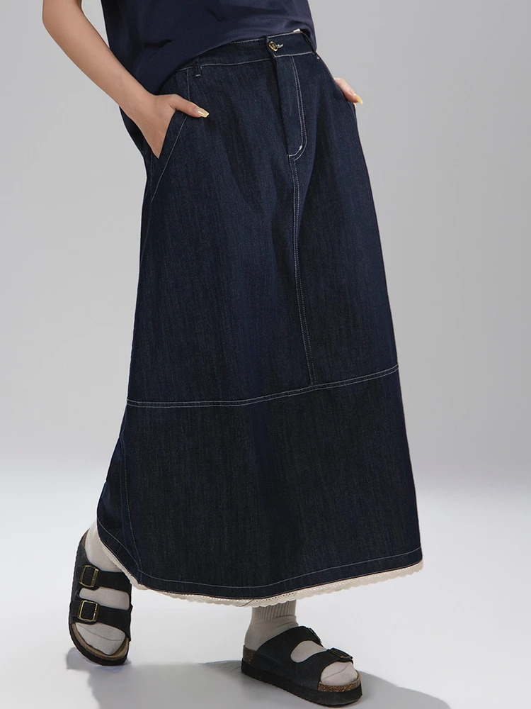 Retro High Waist A-Line  Skirt Women's Summer Thin Cotton Denim Lace Patchwork Half-length Skirts by Art Wild Series