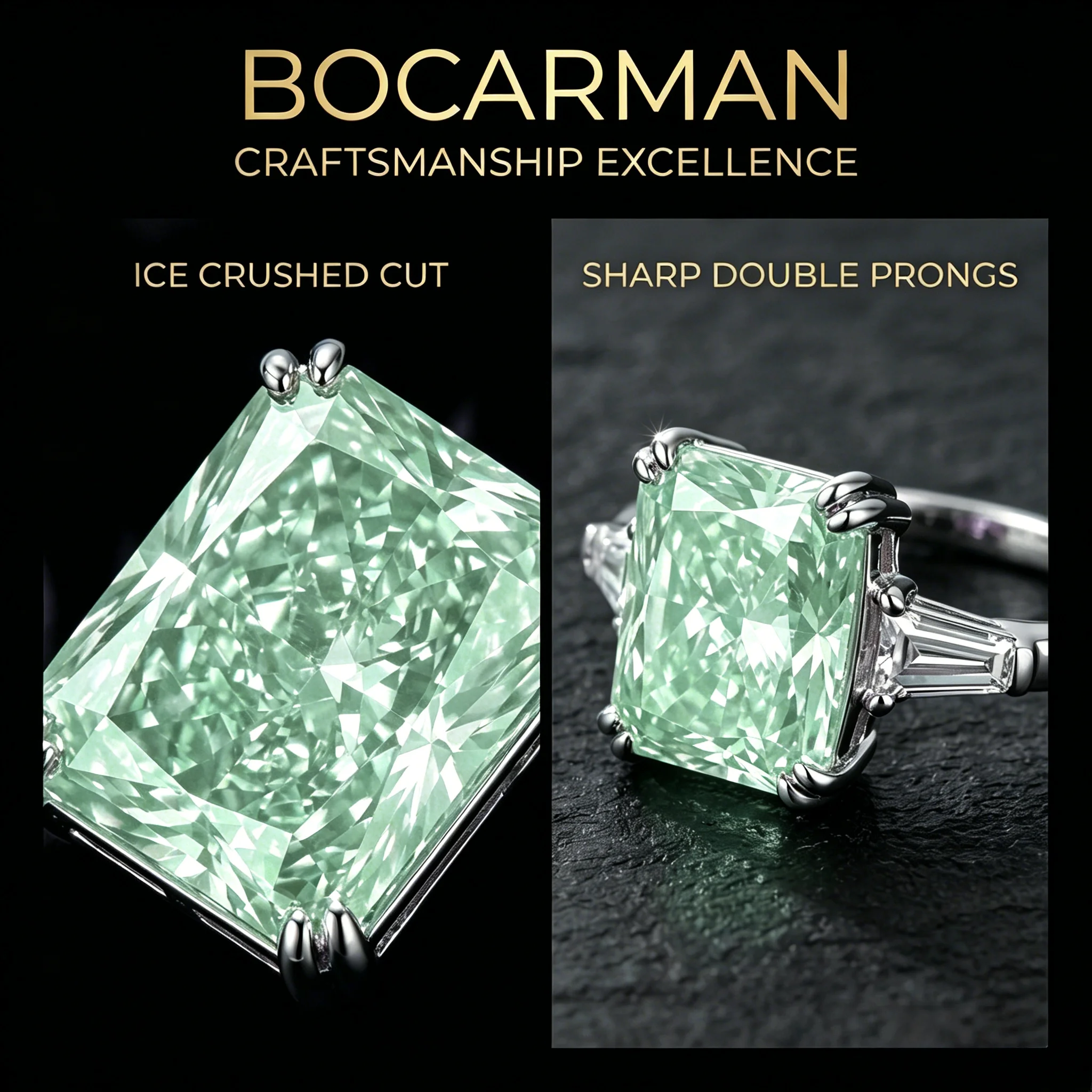 S925 Sterling Silver Explosion Flash Ice Cutting Rectangular Mint Green Zircon Ring High Carbon Diamond Simple Ring for Women