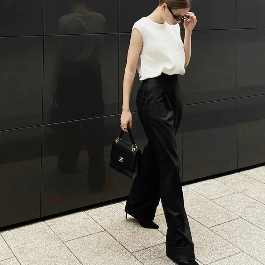 

New Black Floor-Length Trousers Loose High-Waist Draped Pants 2000s Aesthetic Women Wide-Leg Pants Commuter Suit Trousers Female