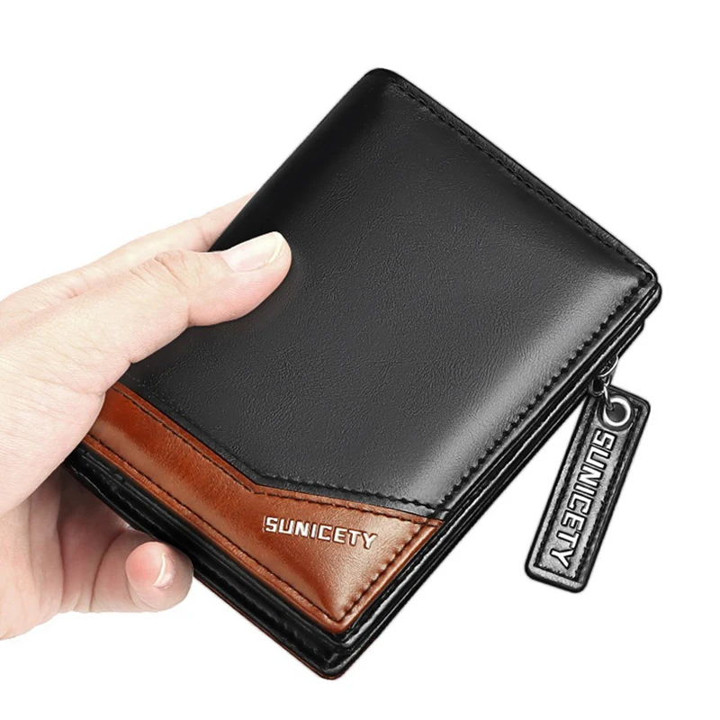 Fashion Men's Wallets PU Leather Card Holder Purses Color Block Wallet and Handbag with Zip Pockets for Men Coin Purse Money Bag