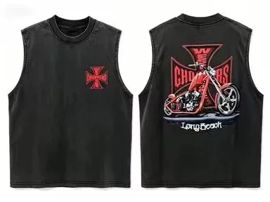 2026 new  Vintage Washed T-Shirt, Retro Chopper Motorcycle & Cross Graphic Print, Casual Loose Biker Streetwear Tank Top