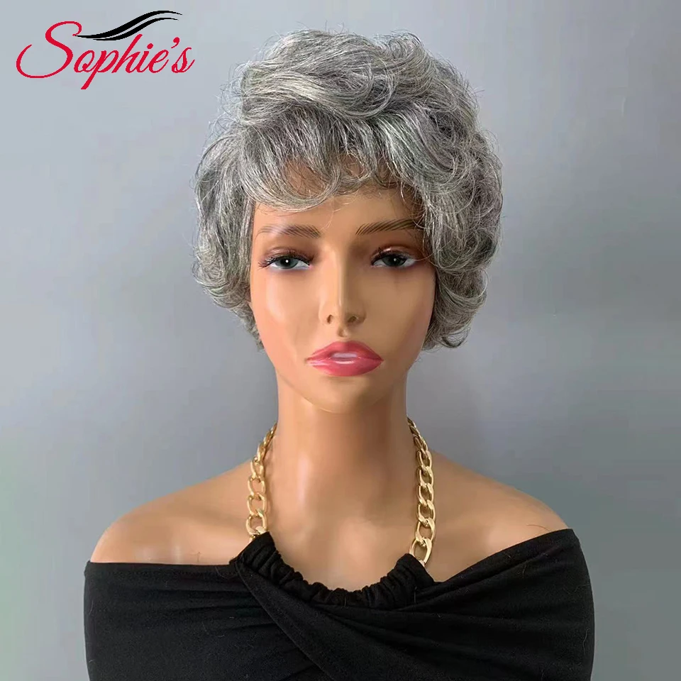 Sophies Gray  Color Human Hair Wigs Short Curly Wig Full Machine Made Wigs 180% Density Brazilian Hair Remy Hair For Women