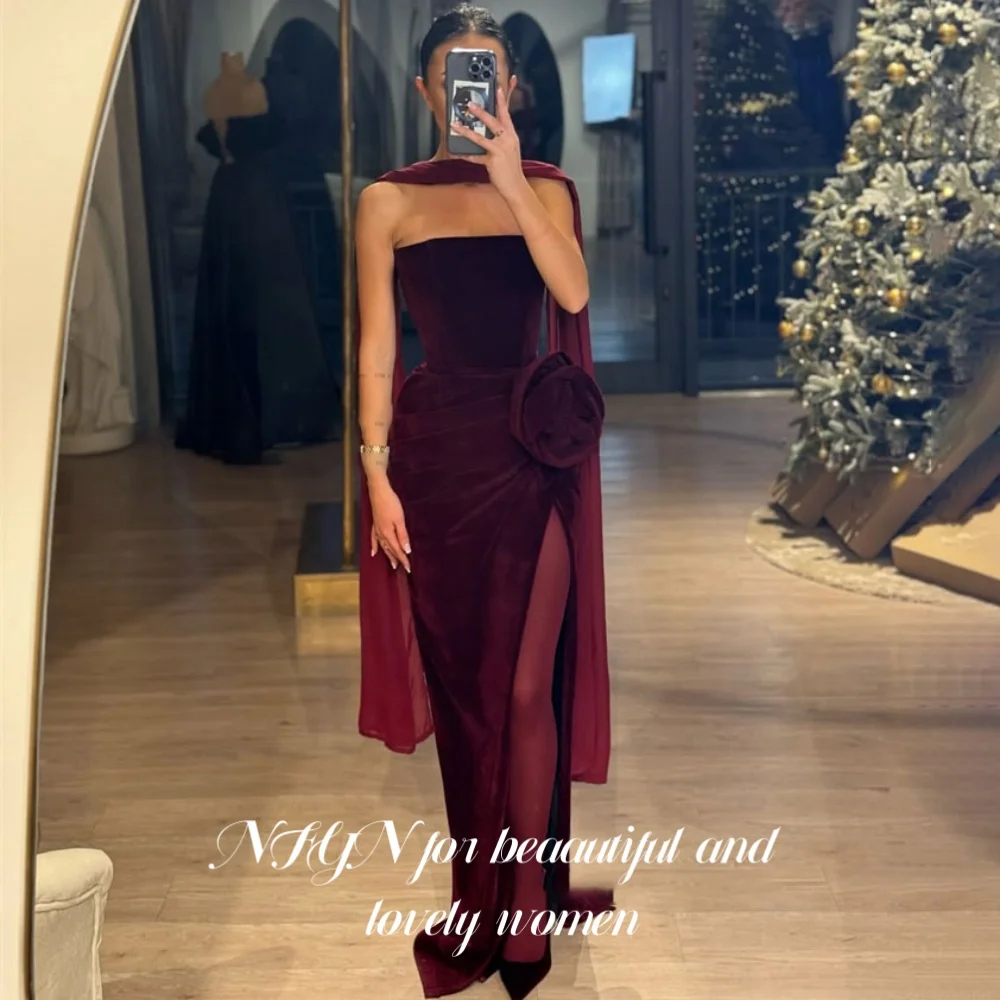 

NFYN Burgundy Elegant Formal Gown Satin with Pleats Prom Dress Sleeveless High Split Evening Dress for Woman 프롬 드레스 Customized