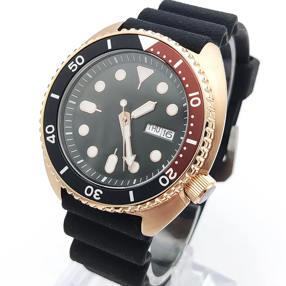 Luxo masculino negócios relógio de ouro rosa, caixa 45mm com pulseira de borracha, mostrador preto estéril, luminoso verde, impermeável