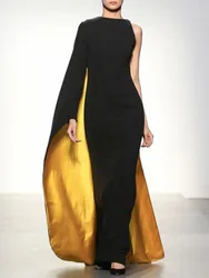 Freeacy Women's Asymmetric Cape Dress Ruffled One-sleeve Floor Length Evening Gowns 2026 Stylish Contrast Color Party Dresses