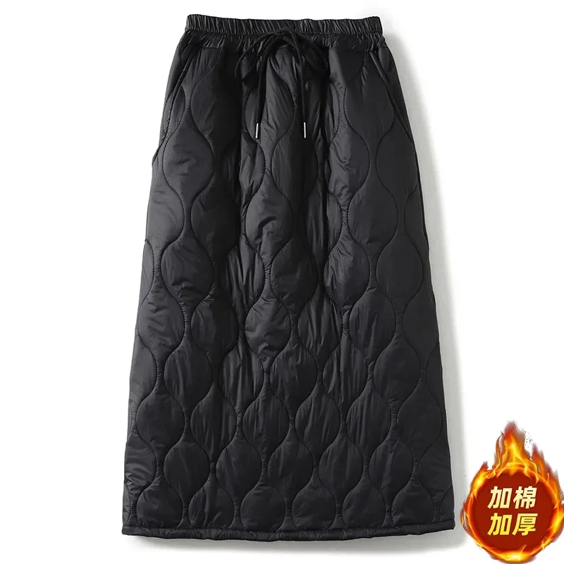 2025 Autumn Winter Retro Elastic High Waist Thick Warm Windproof Skirt, For Women Clothing,Casual Black Skirts