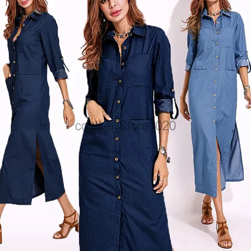 

2024 Women's Elegant Denim Shirt Dress Spring Summer Korean Fashion Casual Long Sleeved Single Breasted Long Dresses Streetwear