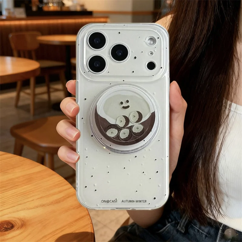 

Minimalist Speckled Clear For MagSafe Case With Chestnut Smiley Pop Socket For iPhone 15 16 17 Pro Max INS Cute Style Shockproof