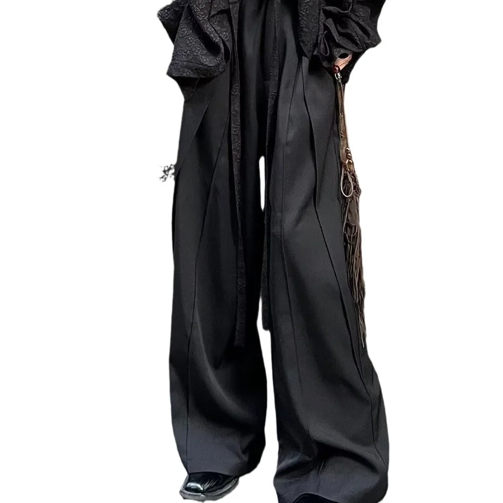 กางเกงสูททรงยูนิเซ็กซ์ ฤดูใบไม้ผลิ 2026 ดีไซน์พิเศษ จีบเอวสูง ทรงขากว้าง สไตล์เรโทร ผ้าพลิ้ว ตัดเย็บแบบต่อผ้า ยาวคลุมเท้า ทรงซ้อนชั้น