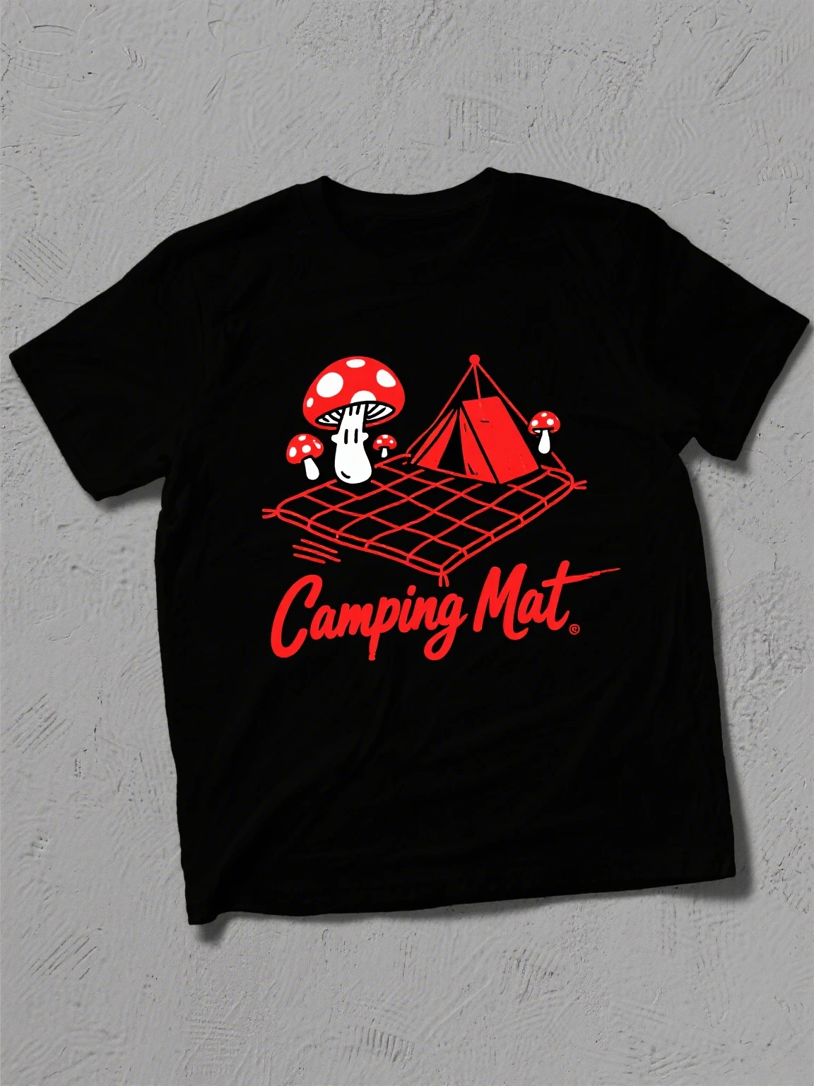 

Harajuku Goth Cotton Tee: Camping Mat & Mushroom Print – Edgy Dark - Camping Fashion Statement Versatile Comfortable T-shirt