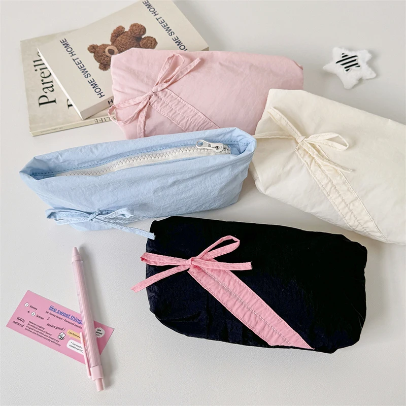 Sweet Simple Bow Pencil Case Cute Solid Color Student Bow Pencil Pouch Large Capacity Stationery Storage Bag School Supplies