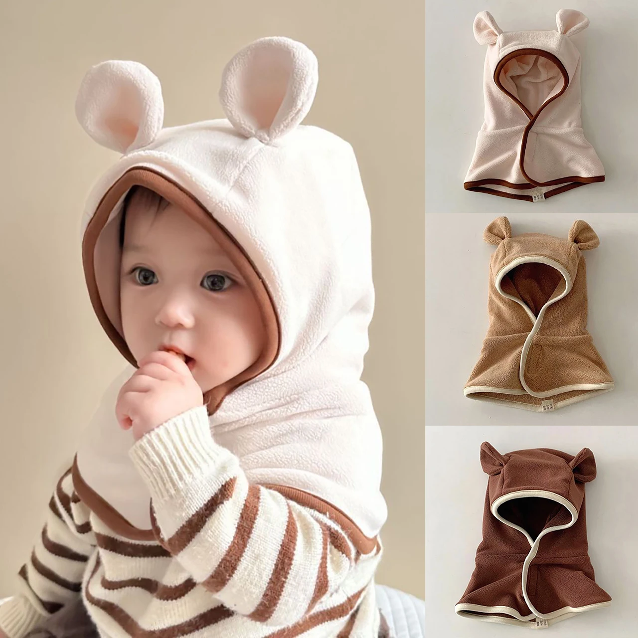 

﻿ Cute One Piece Hoodie for Baby Headgear Cap Lamb Fleece Neck Warm Shawl 1-4Year Kids Ear Protection Hat Winter Toddler Beanie