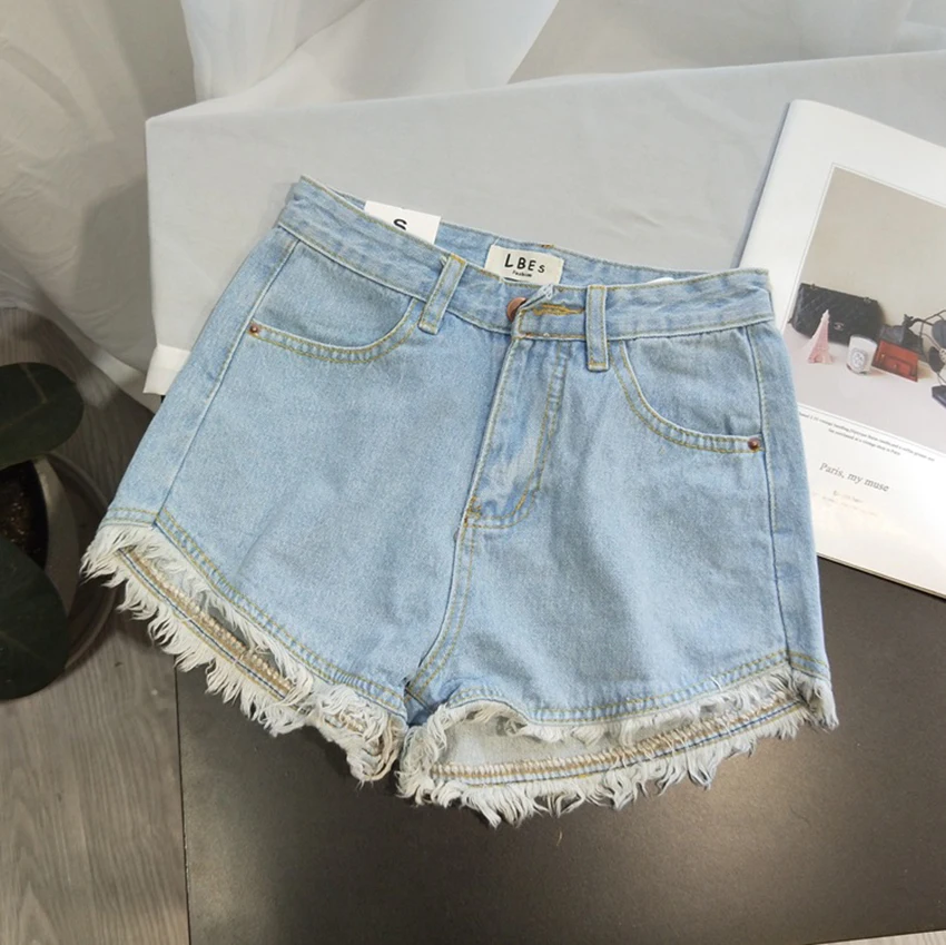 Pantaloncini di jeans estivi da donna Pantaloncini con frange tinta unita a vita alta Jeans corti femminili di base alla moda retrò americana